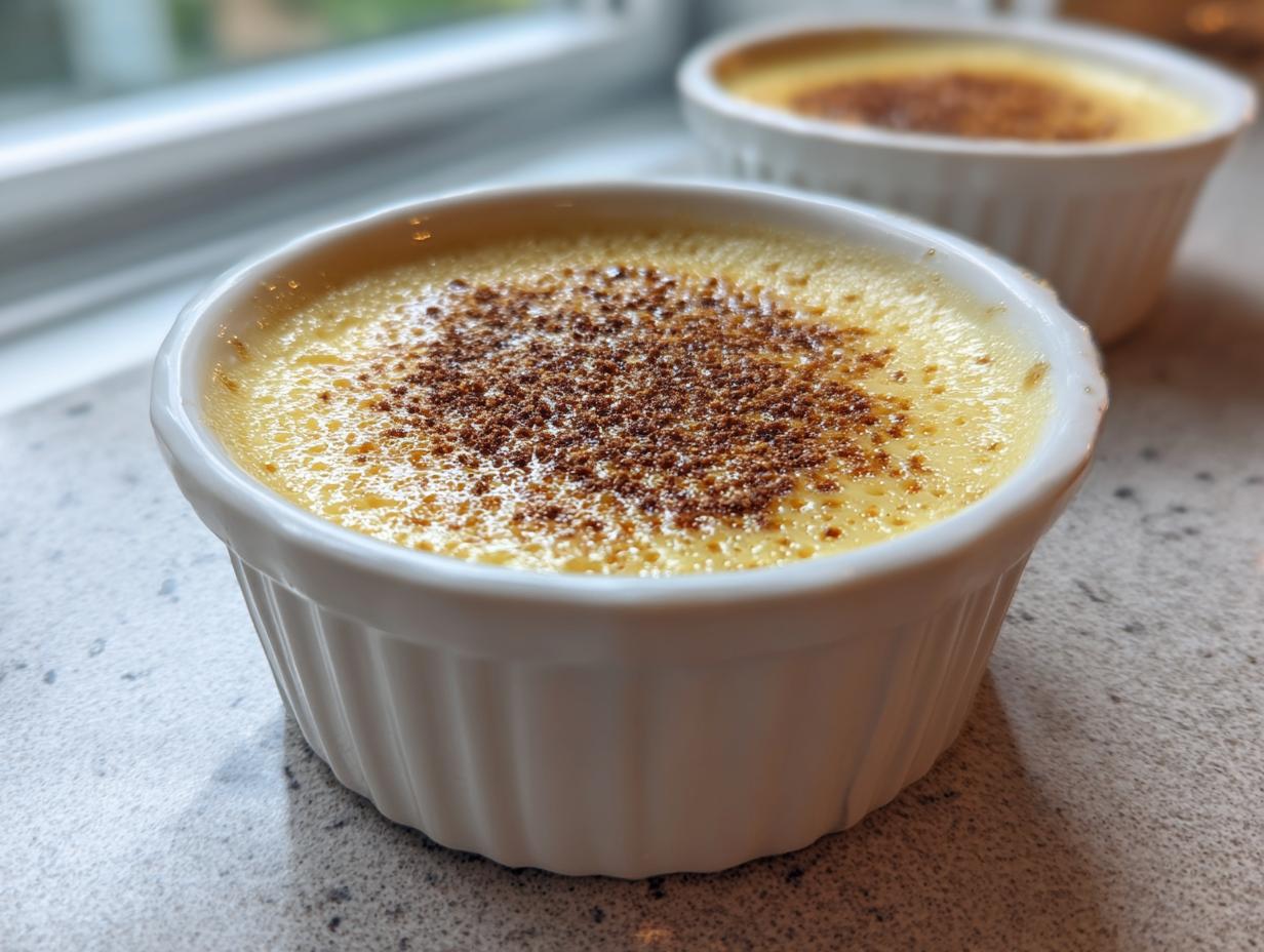 A close-up of a creamy vanilla custard cup, topped with a sprinkle of brown spice, likely cinnamon.