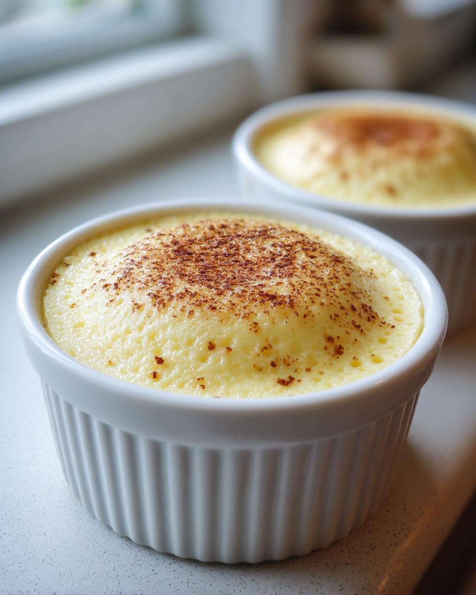 Two freshly baked vanilla custard cups in white ramekins, topped with a dusting of cinnamon.
