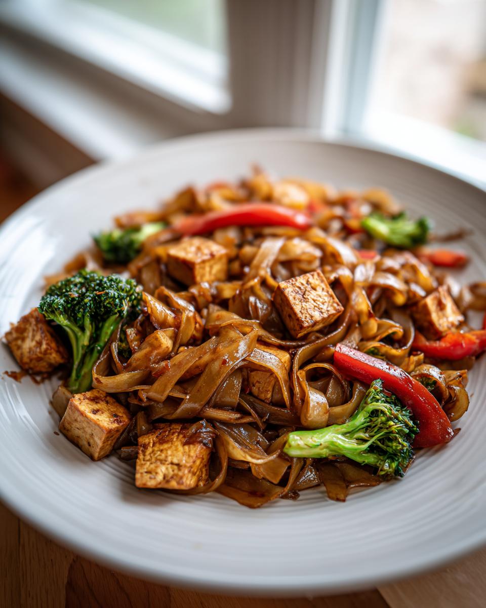 A close-up of a plate of glossy vegetarian drunken noodles tossed with crispy tofu cubes, bright green broccoli florets, and red bell peppers.