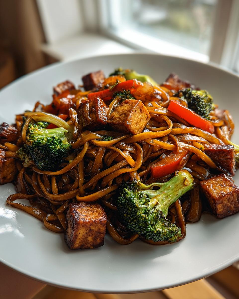 A close-up of a white bowl filled with rich, dark brown vegetarian drunken noodles, crispy tofu cubes, and bright green broccoli florets.