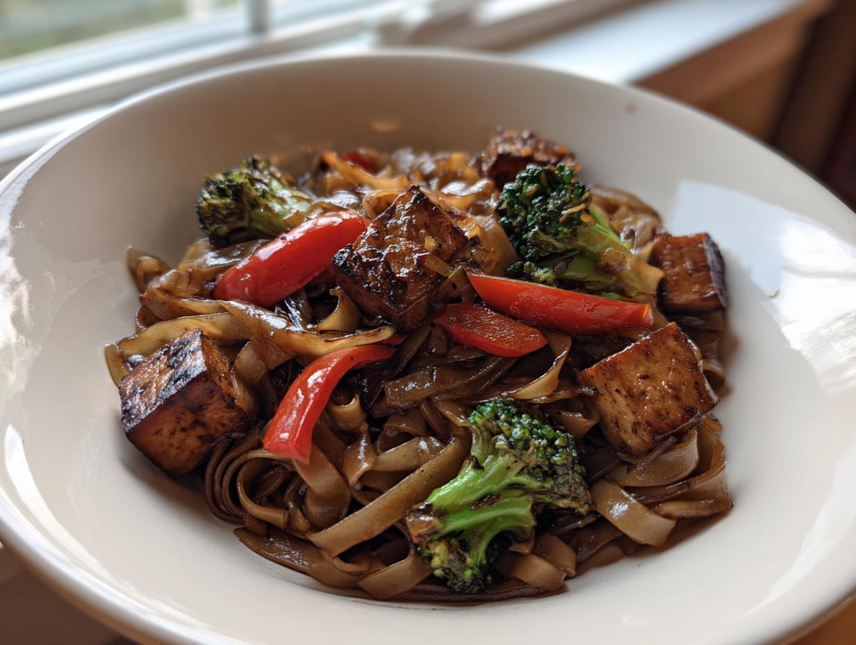 A close-up view of a white bowl filled with savory vegetarian drunken noodles, featuring wide rice noodles, seared tofu, broccoli florets, and red peppers.