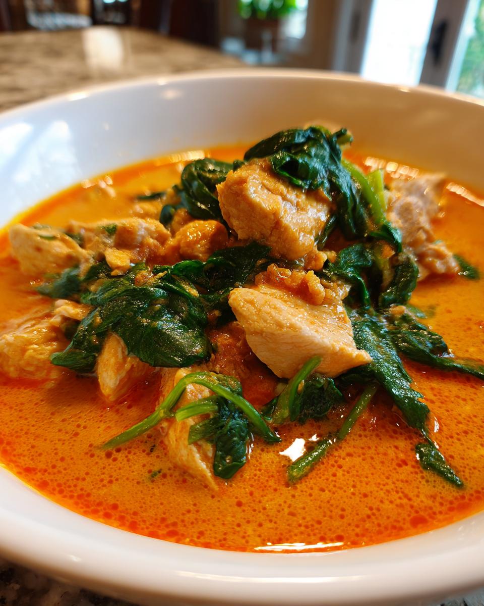 A close-up shot of a vibrant orange coconut curry featuring chunks of chicken and wilted spinach in a white bowl.