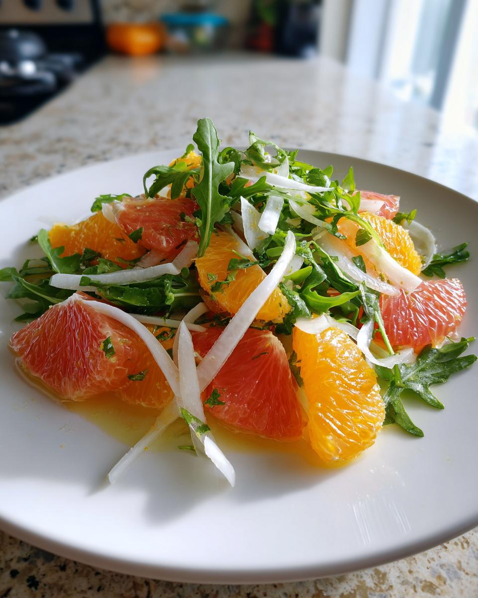 A bright citrus salad featuring segments of orange and grapefruit mixed with shaved fennel and arugula on a white plate.