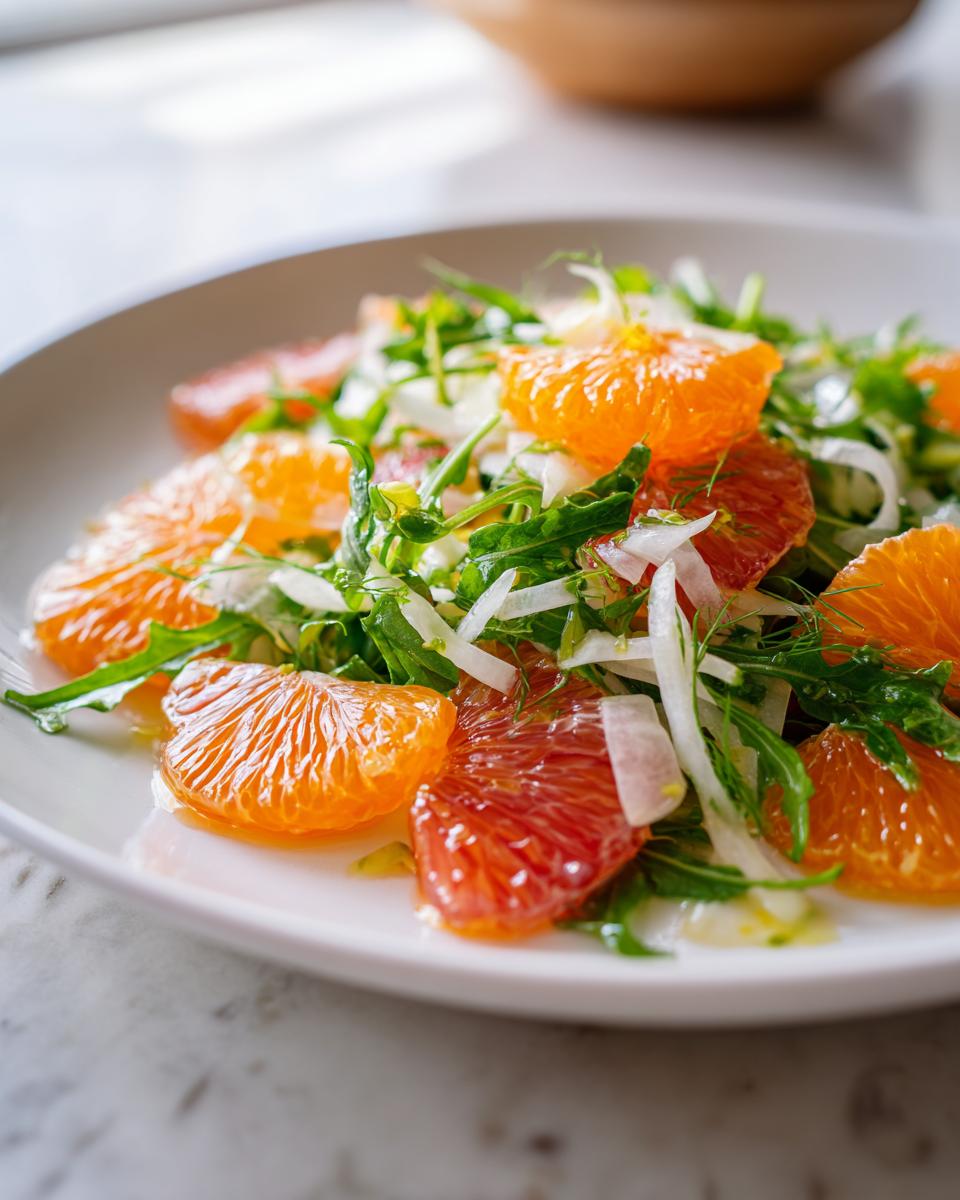 Close-up of a bright citrus salad featuring orange segments, blood orange slices, arugula, and shaved fennel.