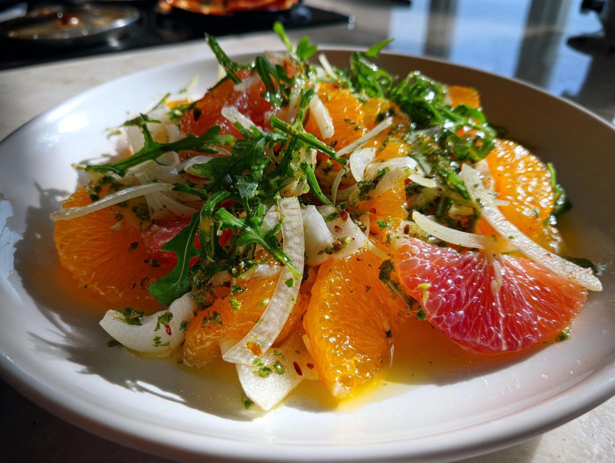 A bright, refreshing citrus salad featuring orange and grapefruit segments, shaved fennel, and arugula tossed in a light dressing.