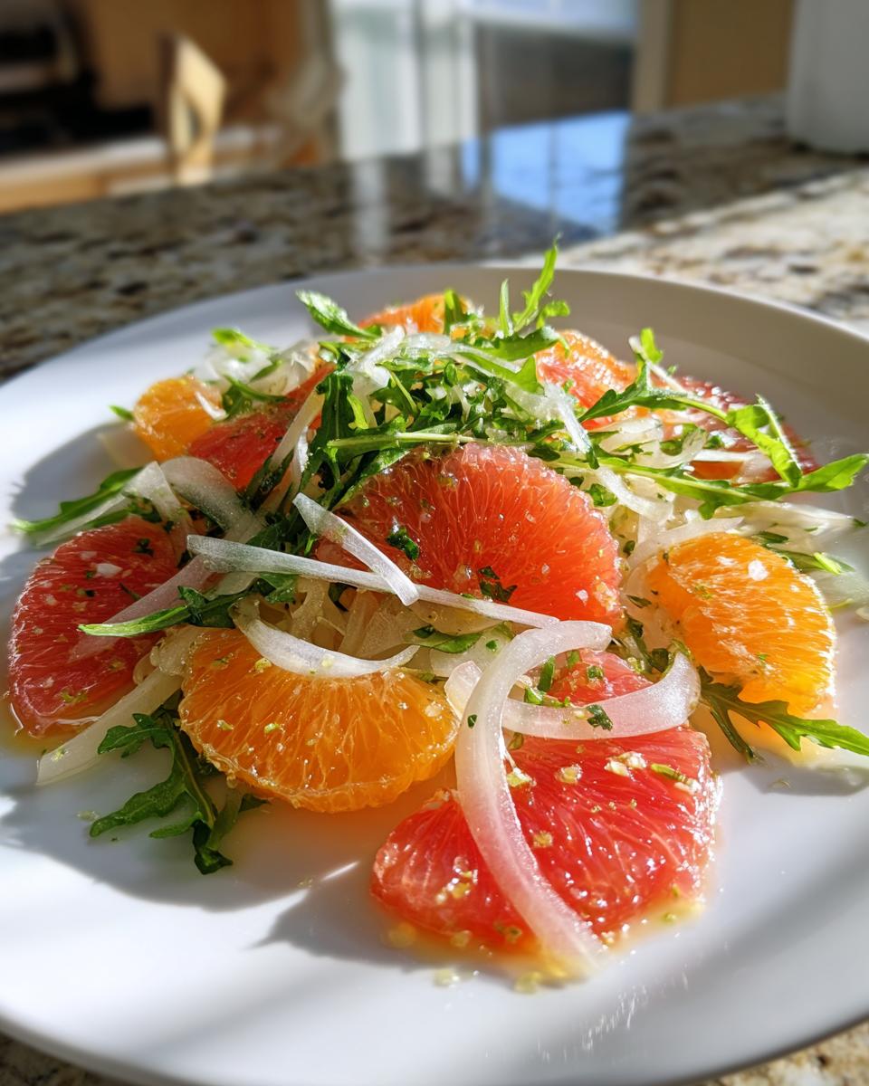 Close-up of a bright citrus salad featuring segments of red grapefruit, orange, thinly sliced fennel, and arugula on a white plate.