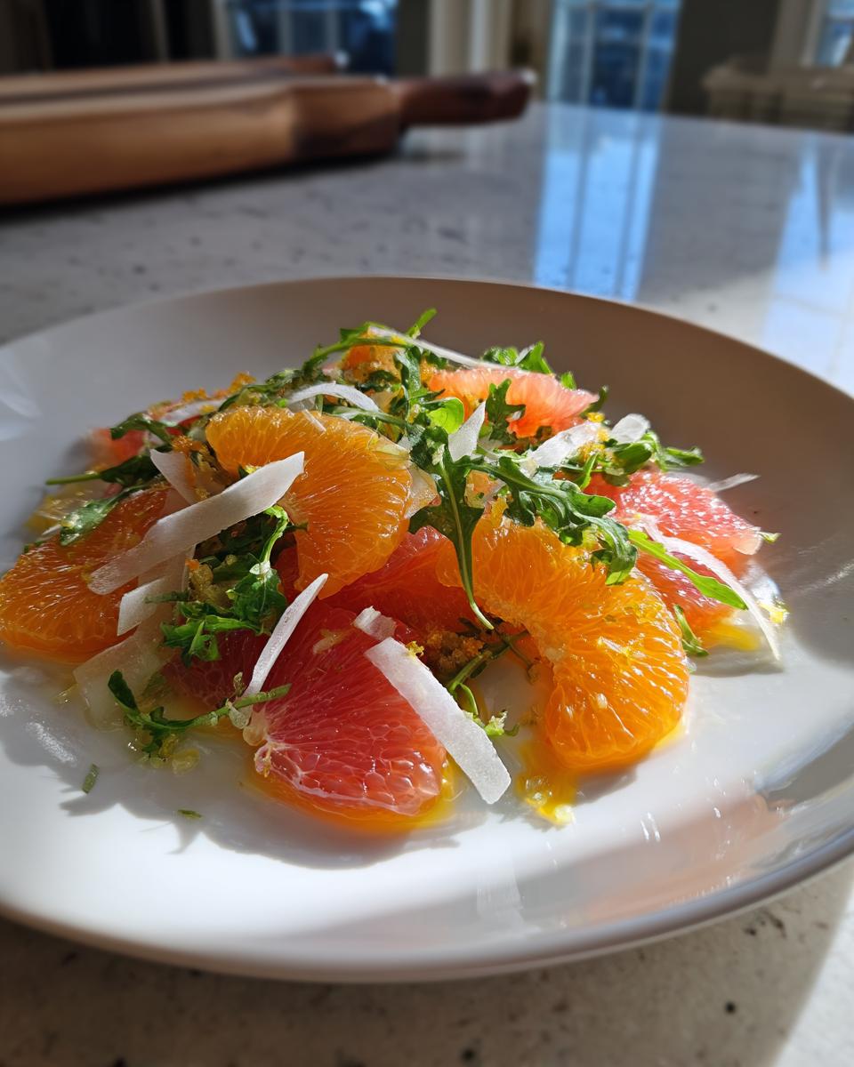 Close-up of a vibrant citrus salad featuring segments of orange and grapefruit, arugula, and shaved fennel on a white plate.