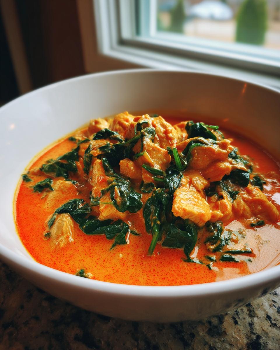 Close-up of a white bowl filled with rich, orange coconut curry featuring chunks of chicken and wilted spinach.