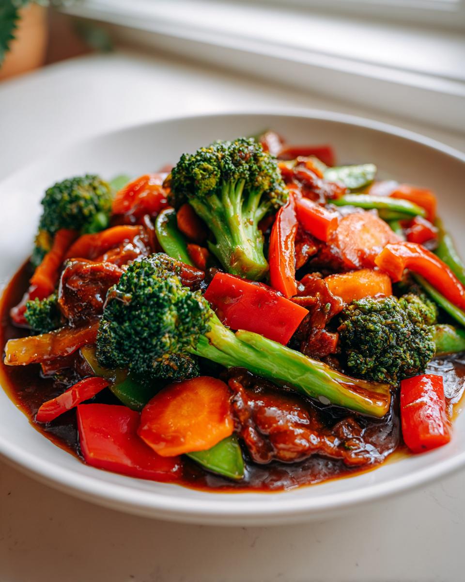 Close-up of a bright teriyaki vegetable stir fry featuring broccoli, red peppers, and carrots coated in a rich teriyaki sauce.