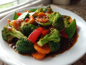 Close-up of a vibrant teriyaki vegetable stir fry featuring bright green broccoli, red peppers, carrots, and snow peas coated in glossy teriyaki sauce.