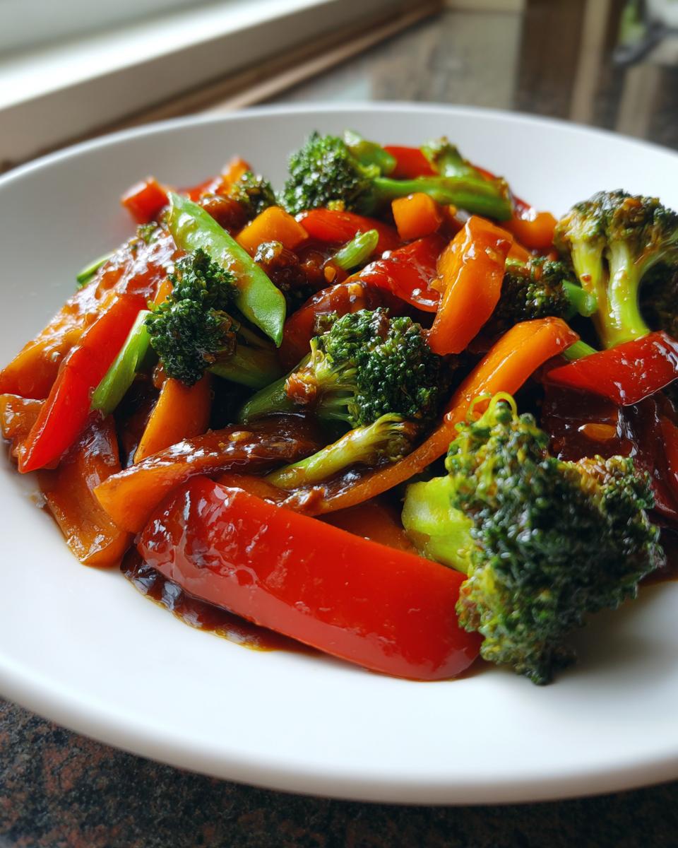 Close-up of a vibrant teriyaki vegetable stir fry featuring broccoli, red peppers, and snap peas coated in a glossy brown sauce.
