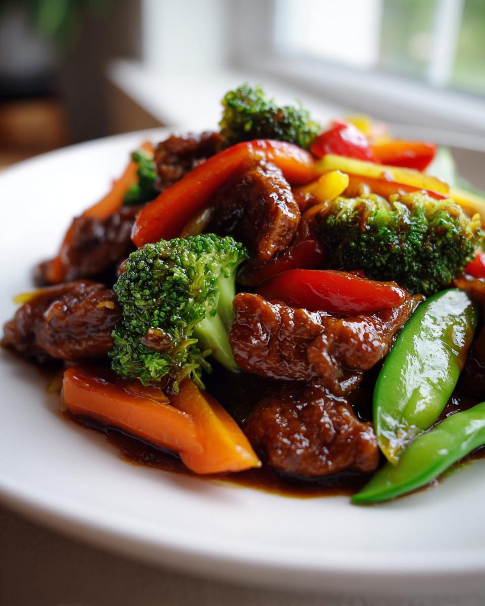Close-up of a plate featuring glossy beef pieces coated in sauce alongside bright broccoli, carrots, and snow peas in a teriyaki vegetable stir fry.