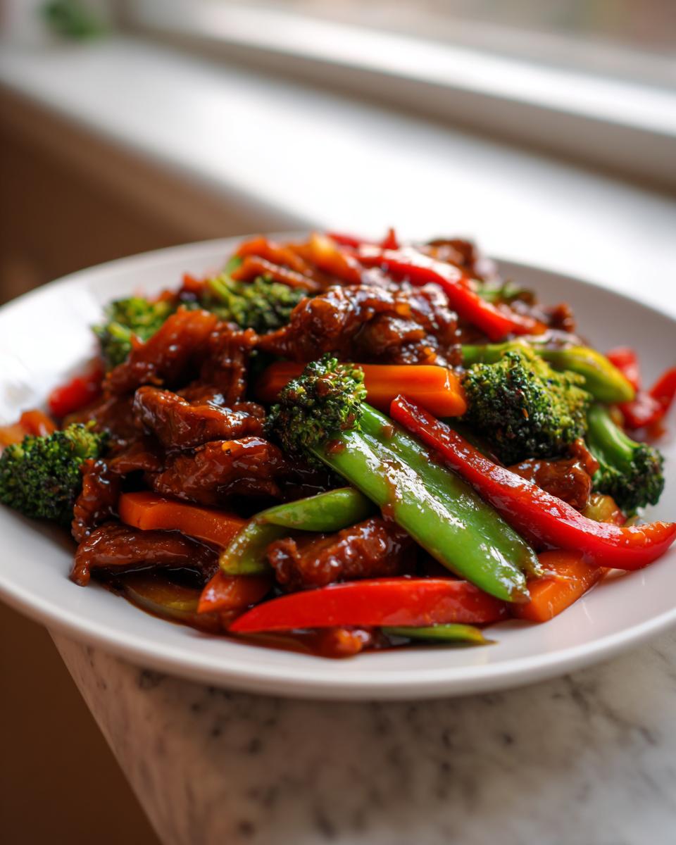 Close-up of a plate filled with colorful teriyaki vegetable stir fry featuring broccoli, red peppers, carrots, and snap peas coated in sauce.