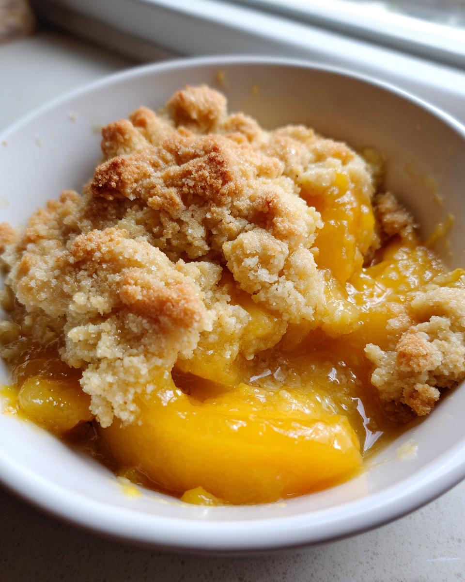 Close-up of a warm peach cobbler served in a white bowl, showing bright orange peaches and crumbly topping.