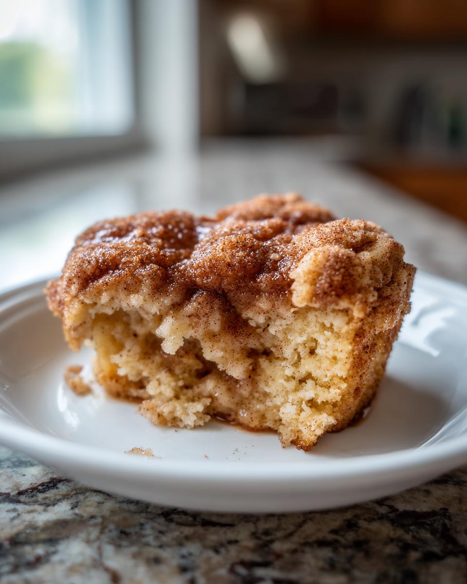A close-up of a warm, gooey slice of snickerdoodle cobbler with a thick cinnamon-sugar topping on a white plate.