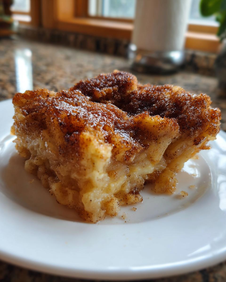 Close-up of a warm, gooey slice of snickerdoodle cobbler topped with cinnamon sugar.
