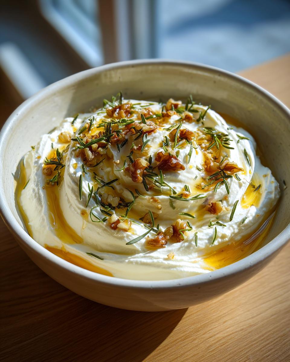 A creamy bowl of whipped ricotta dip drizzled with honey and topped with chopped walnuts and fresh rosemary.