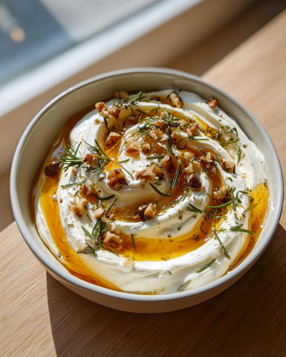 Close-up of a bowl of creamy whipped ricotta dip drizzled with honey, topped with chopped walnuts and fresh rosemary.