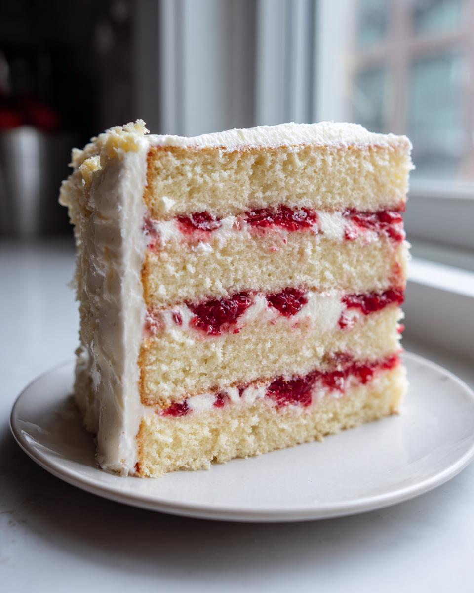 A tall slice of white chocolate raspberry cake showing four layers of vanilla cake, white frosting, and bright red raspberry filling.