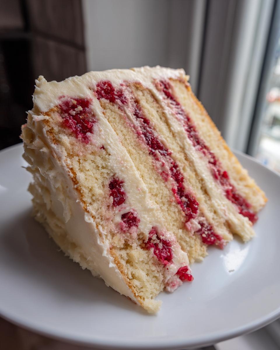 A tall slice of white chocolate raspberry cake showing layers of vanilla cake, white frosting, and bright red raspberries.