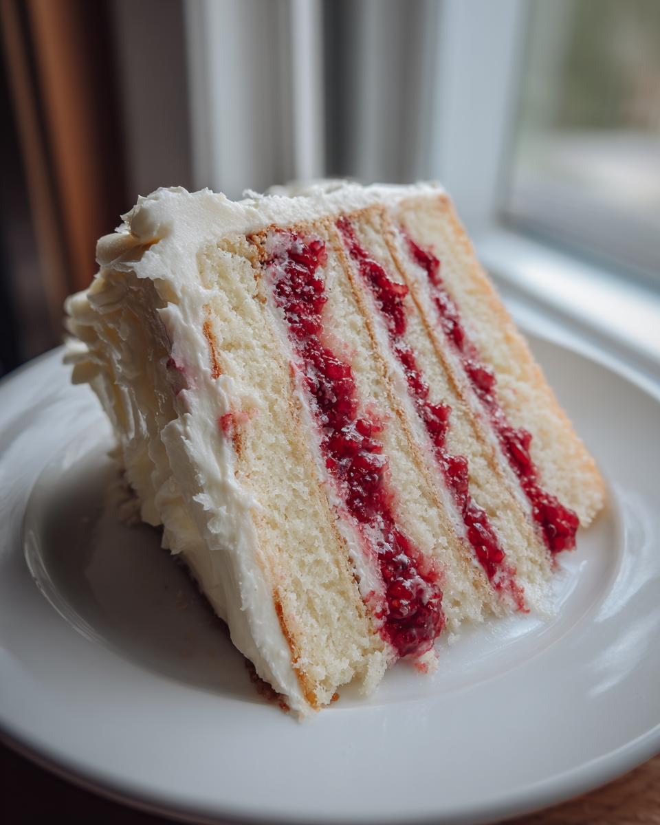 A close-up of a tall slice of white chocolate raspberry cake with multiple layers of white cake and bright red raspberry filling.