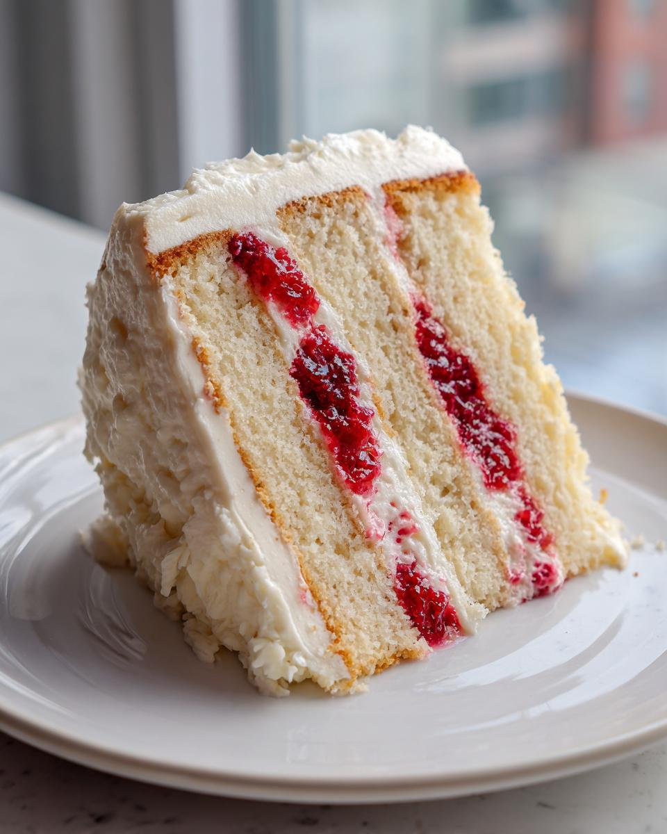 A tall slice of white chocolate raspberry cake showing three layers of white cake, raspberry filling, and thick white frosting.