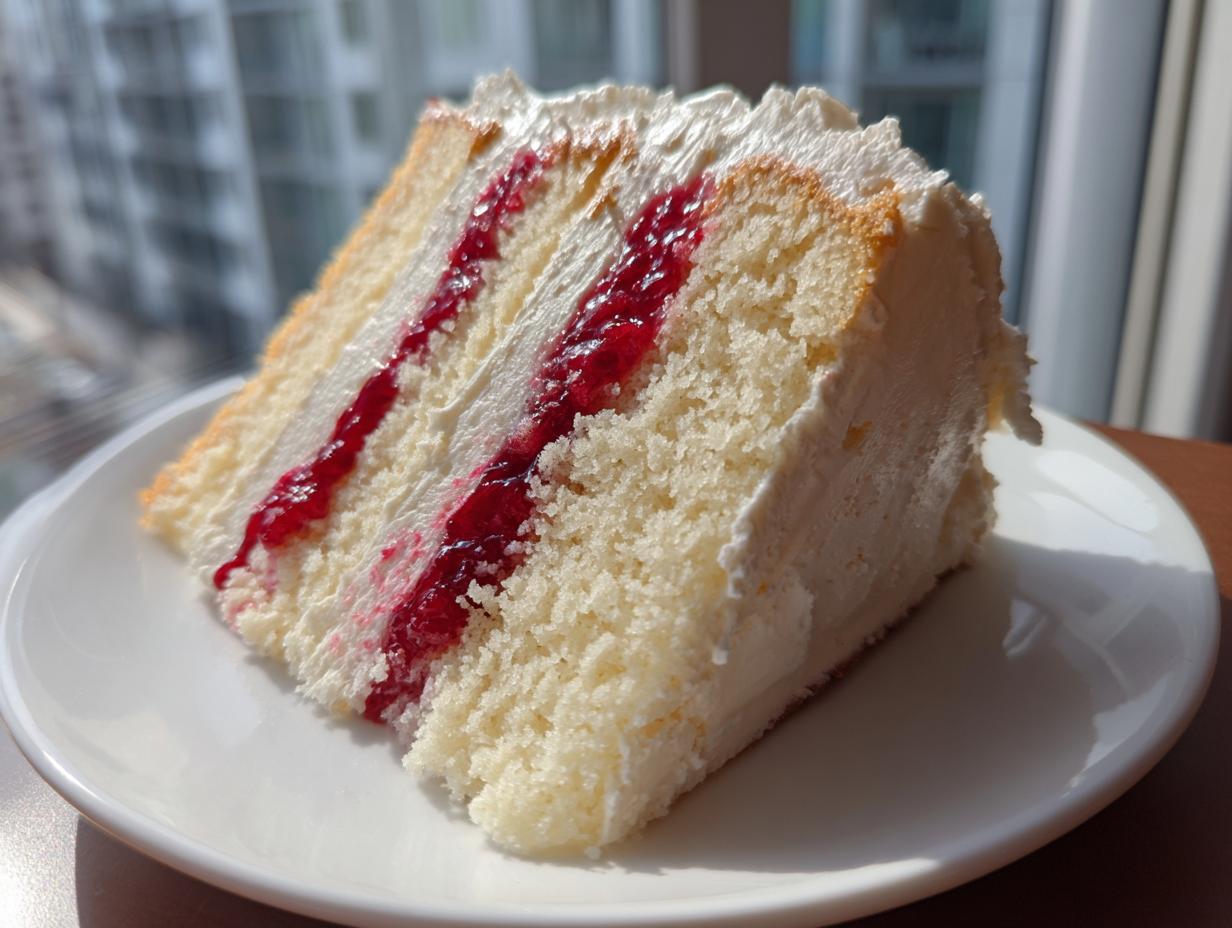 A tall slice of white chocolate raspberry cake with layers of white cake, cream filling, and bright red raspberry jam.