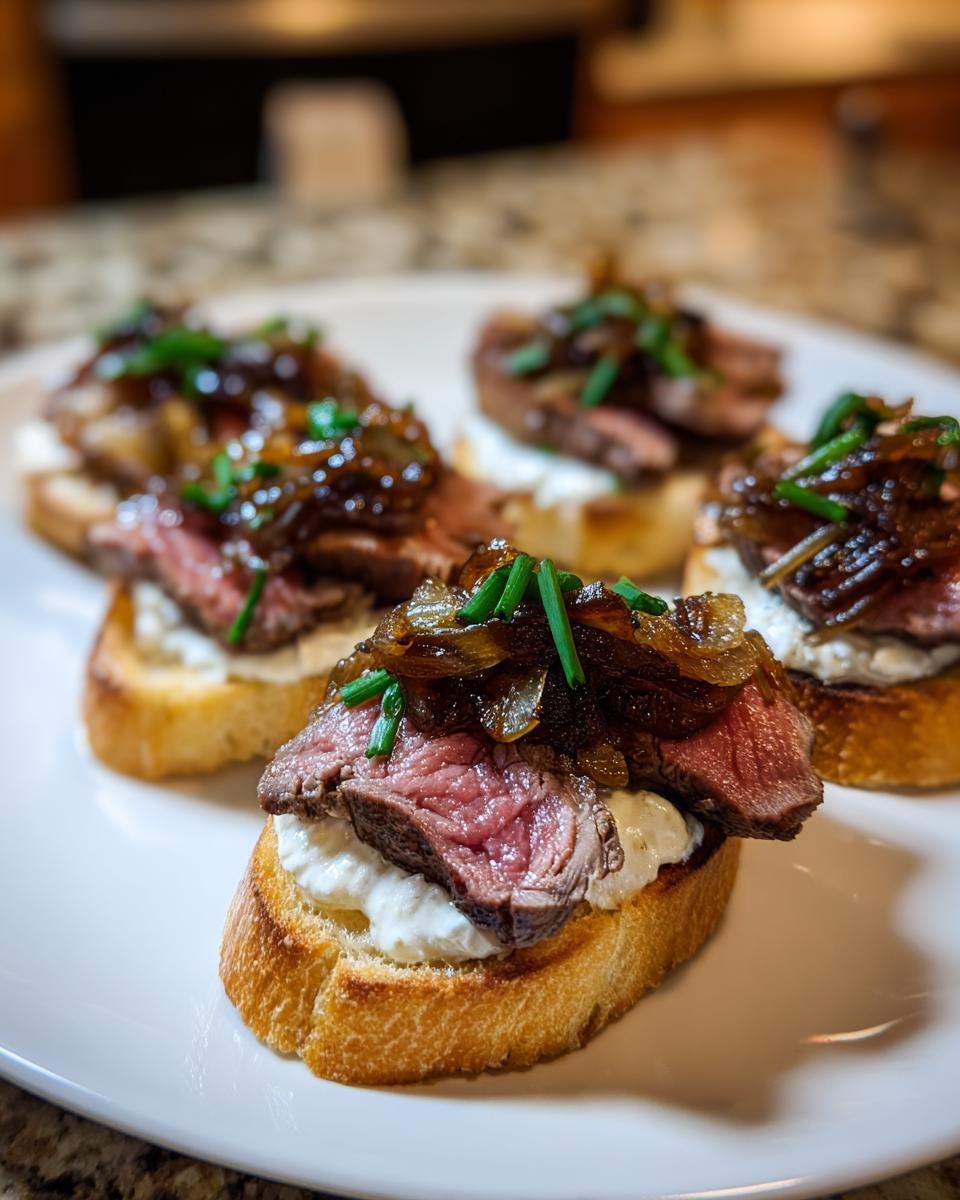 Four pieces of steak crostini featuring medium-rare steak, creamy cheese, and caramelized onions on toasted bread.