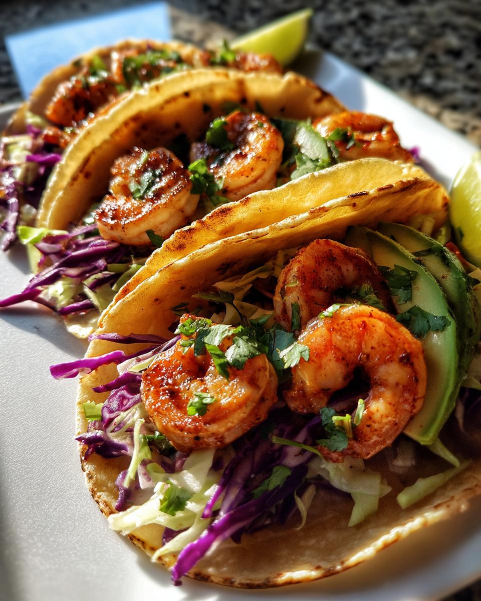 Close-up of three delicious shrimp tacos filled with seasoned shrimp, purple cabbage slaw, avocado, and cilantro.