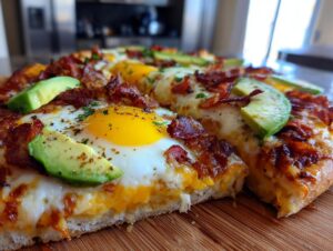 A close-up slice of amazing breakfast pizza topped with sunny-side-up eggs, crispy bacon, avocado slices, and cheese.