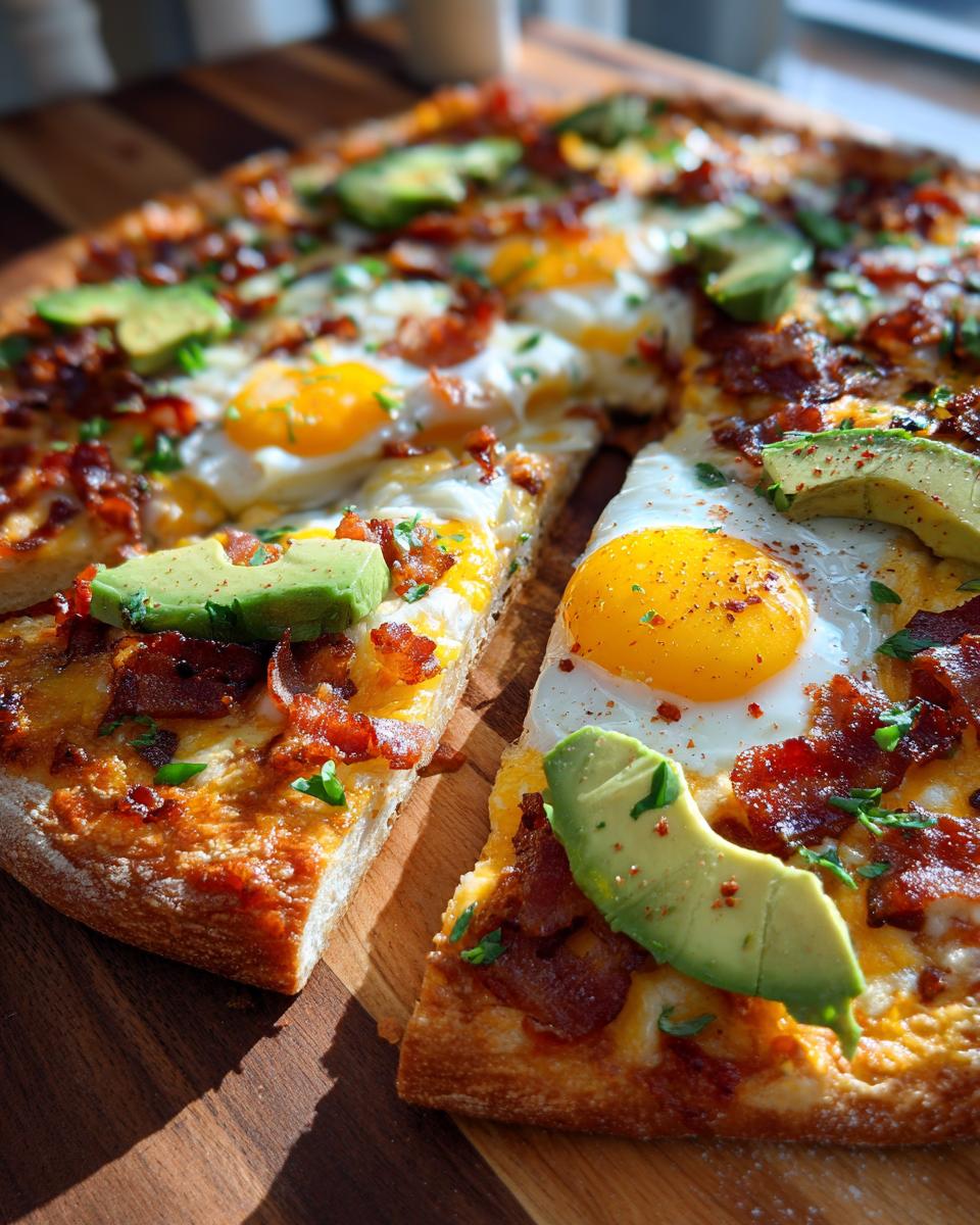A close-up view of a freshly baked breakfast pizza topped with sunny-side-up eggs, crispy bacon, avocado slices, and cheese.