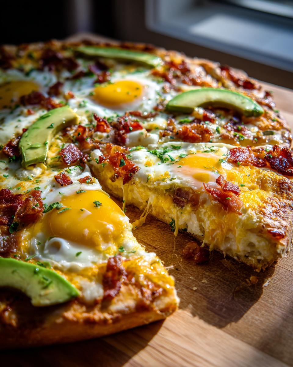 A slice being pulled from a fully loaded Breakfast pizza topped with sunny-side-up eggs, bacon, and avocado.