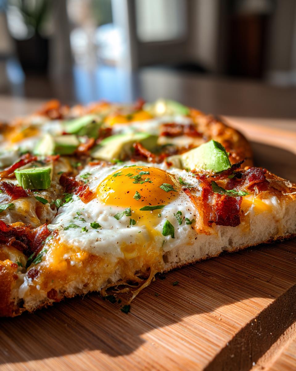 A close-up slice of amazing breakfast pizza featuring a sunny-side-up egg, bacon, avocado, and cheese on a wooden board.