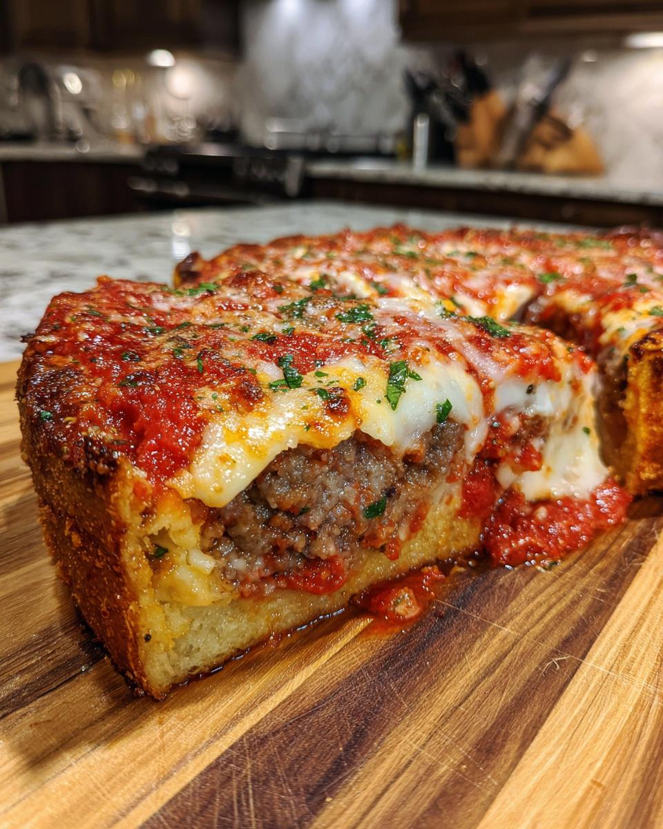 A thick, cross-section slice of deep dish pizza showing a layer of crust, ground meat filling, melted cheese, and rich tomato sauce.
