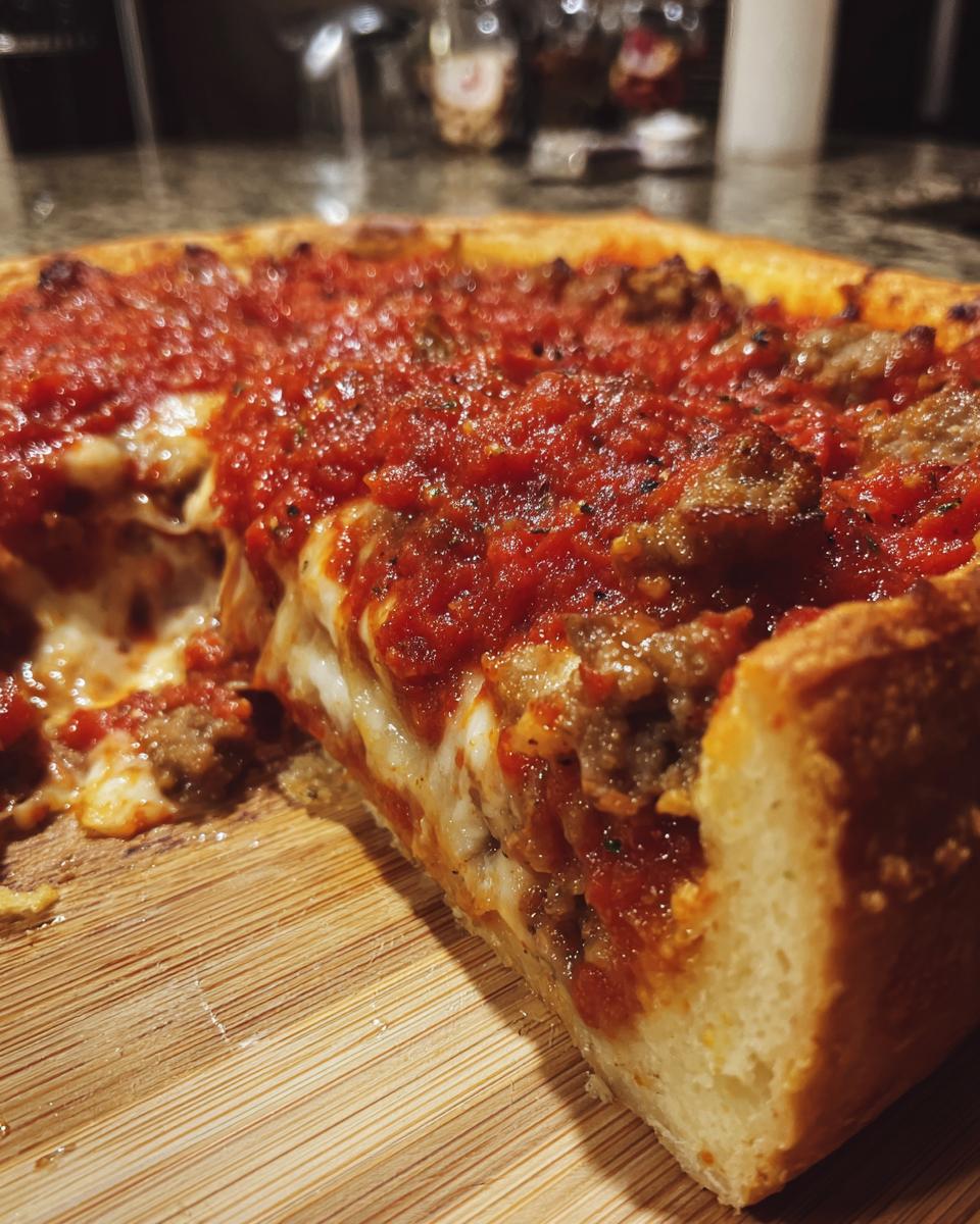Close-up of a thick slice of amazing deep dish pizza showing melted cheese, sausage, and chunky tomato sauce.
