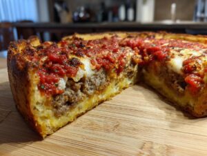 Cross-section of an amazing deep dish pizza showing thick crust, layers of cheese, sausage, and chunky tomato sauce on top.