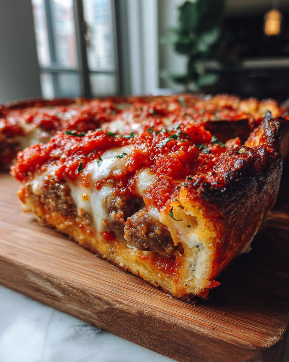 A thick slice of amazing deep dish pizza showing layers of crust, sausage, melted mozzarella, and chunky tomato sauce on top.