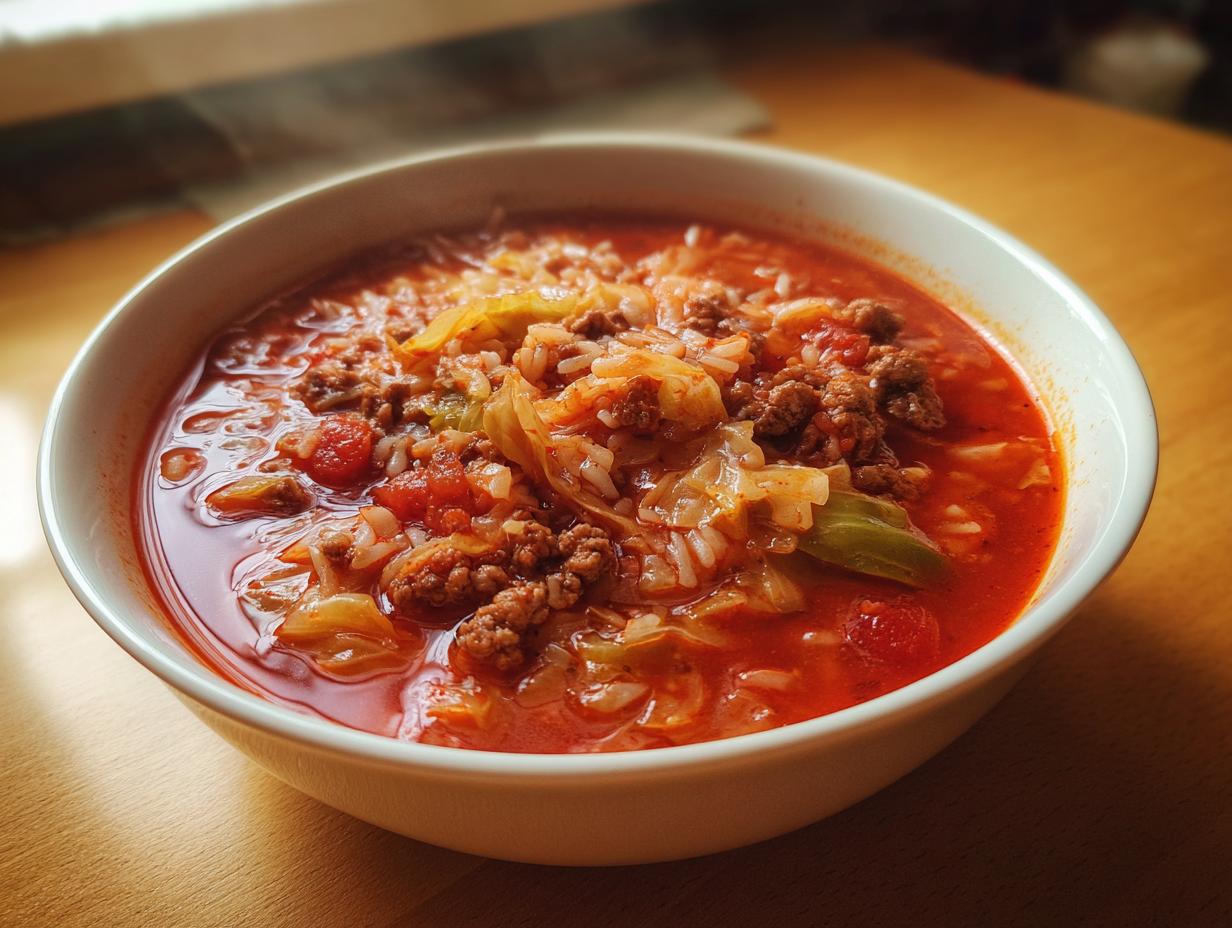 Close-up of a steaming white bowl filled with rich, red Golumpki soup featuring ground meat, rice, and cabbage.