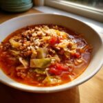 Close-up of a bowl of hearty Golumpki soup filled with cabbage, ground meat, rice, and tomatoes in a rich broth.