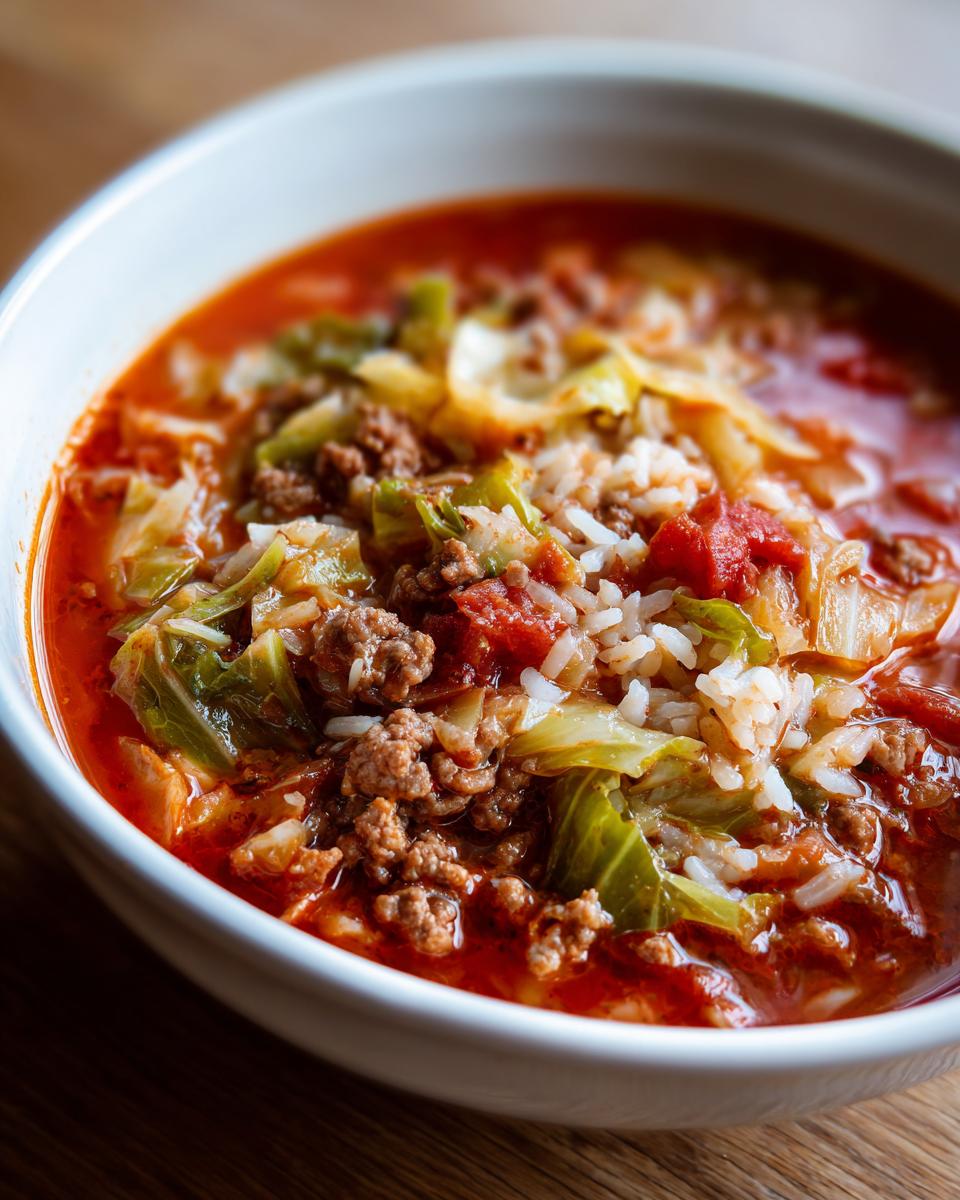 Close-up of a white bowl filled with rich, red Golumpki soup featuring ground meat, cabbage, and rice.