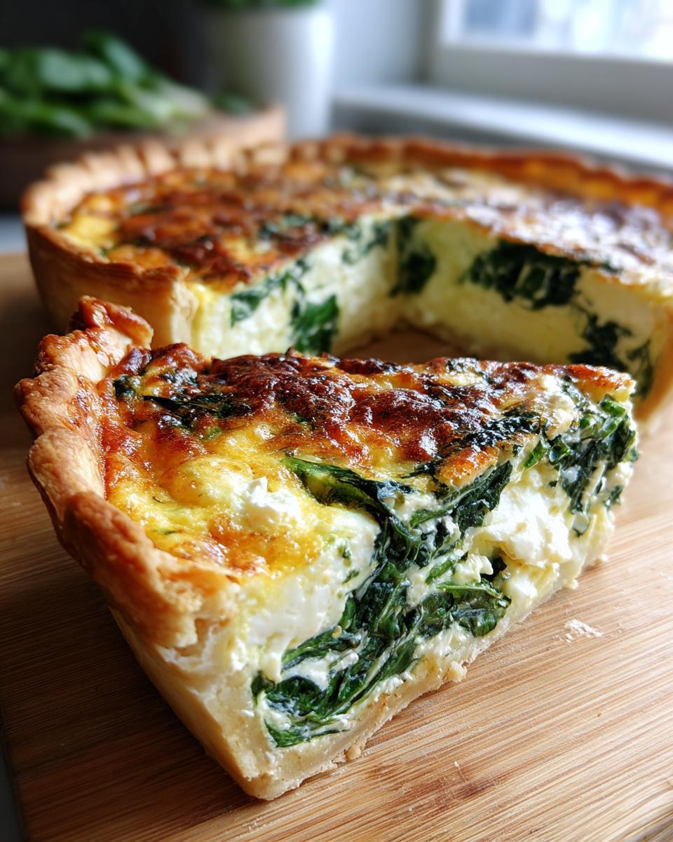 A thick slice of amazing spinach quiche featuring a rich, creamy filling packed with dark green spinach and a golden-brown, flaky crust.