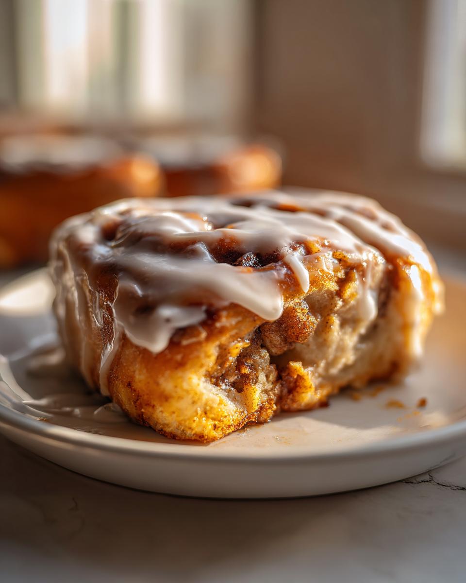 A close-up of a single, freshly baked Apple pie cinnamon rolls drizzled with white icing, sitting on a small white plate.