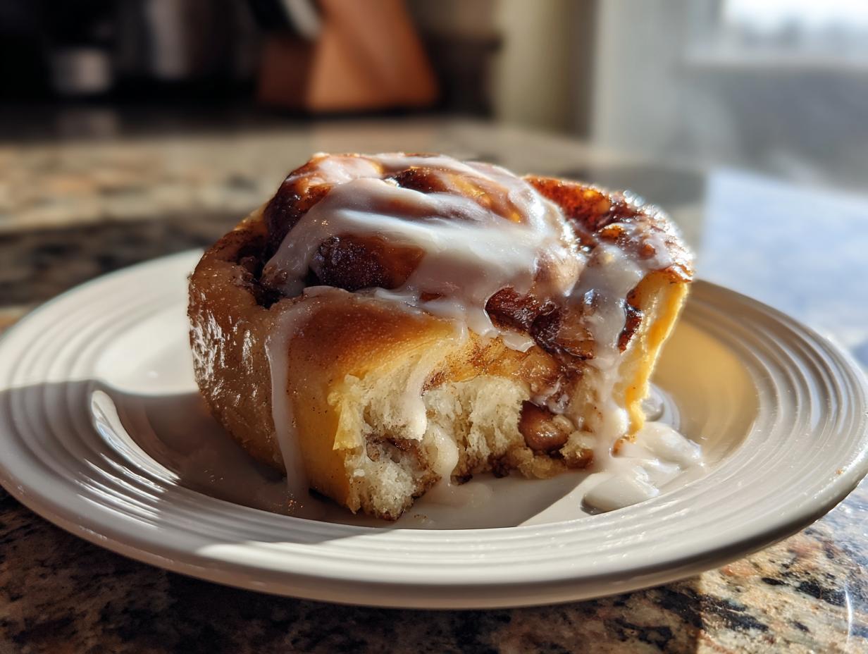 A single, gooey Apple pie cinnamon rolls drizzled with white icing, sitting on a white plate.
