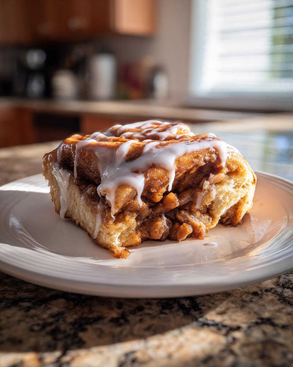 A single, gooey Apple pie cinnamon rolls slice topped with white vanilla icing, sitting on a white plate.