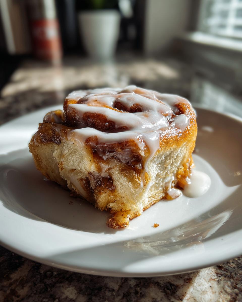A single, fluffy piece of Apple pie cinnamon rolls covered in thick white icing, sitting on a white plate.