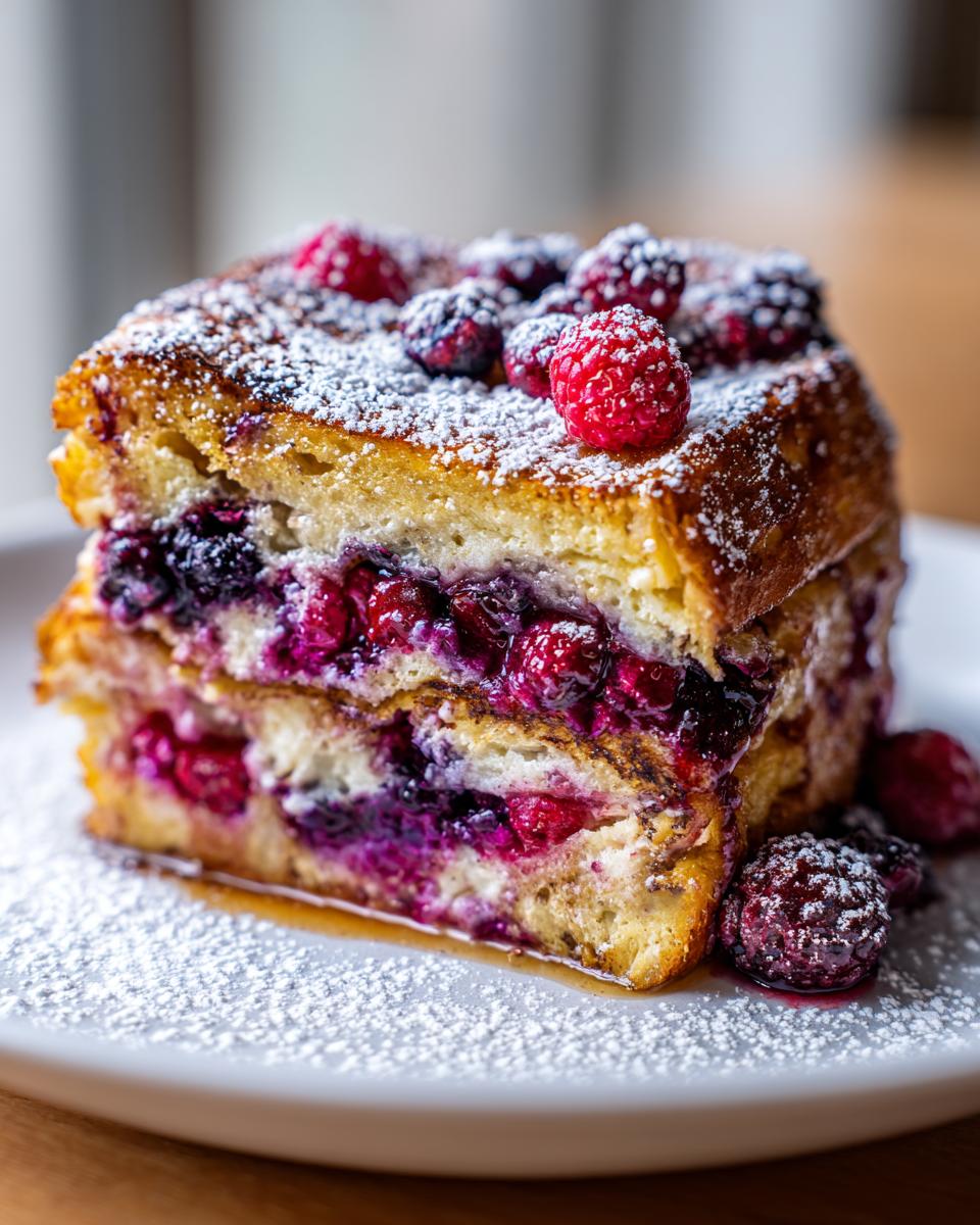 Close-up of a decadent slice of Berry French toast bake layered with mixed berries and topped with powdered sugar.