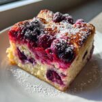A square slice of Berry French toast bake, topped with juicy berries and dusted with powdered sugar.