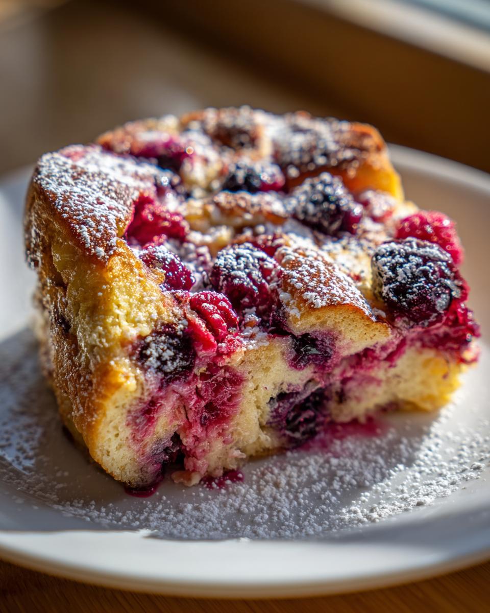 Close-up of a moist slice of Berry French toast bake topped generously with mixed berries and powdered sugar.