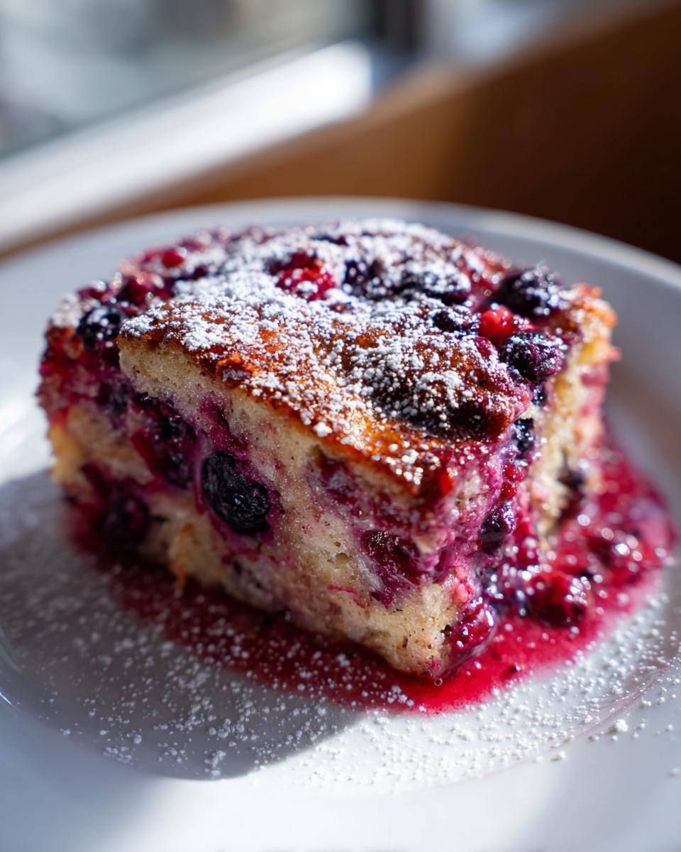 A close-up of a decadent slice of Berry French toast bake, topped with mixed berries and powdered sugar, sitting in berry syrup.