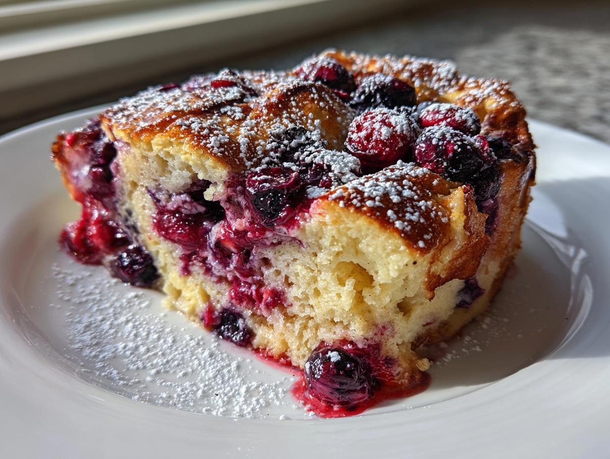 A close-up of a moist slice of Berry French toast bake, topped with mixed berries and dusted with powdered sugar.